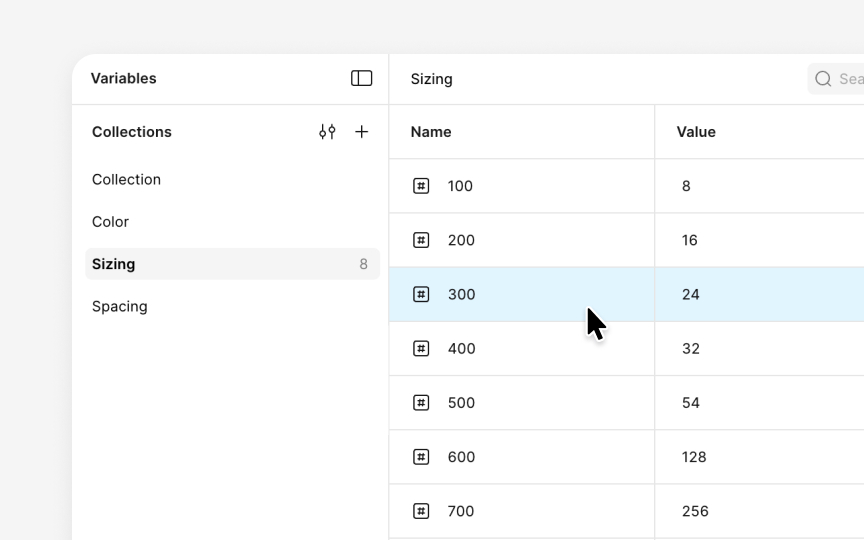 Creating a variable collection for sizes