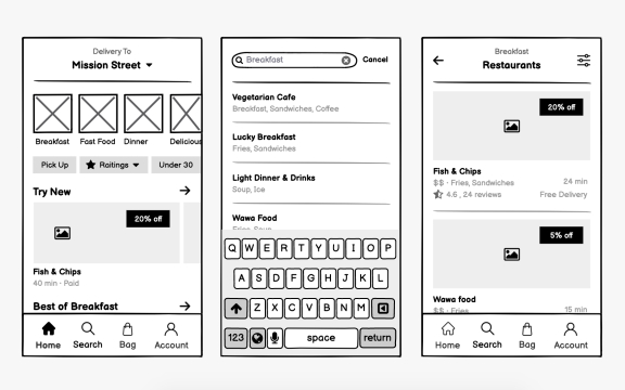 Food delivery app wireframing