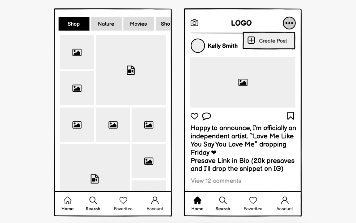 Social media app wireframing Bad Practice