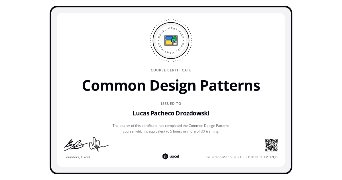 Certificate of completion for Common Design Patterns | Uxcel