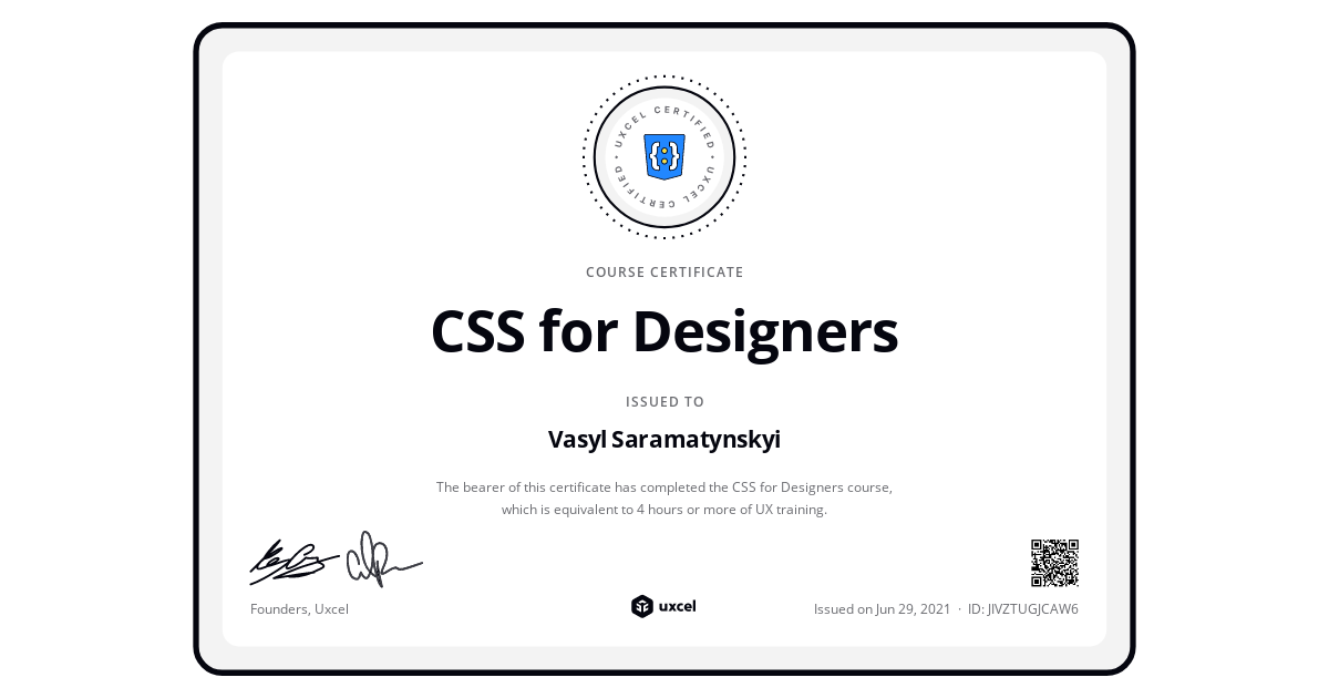 Certificate of completion for CSS Foundations | Uxcel