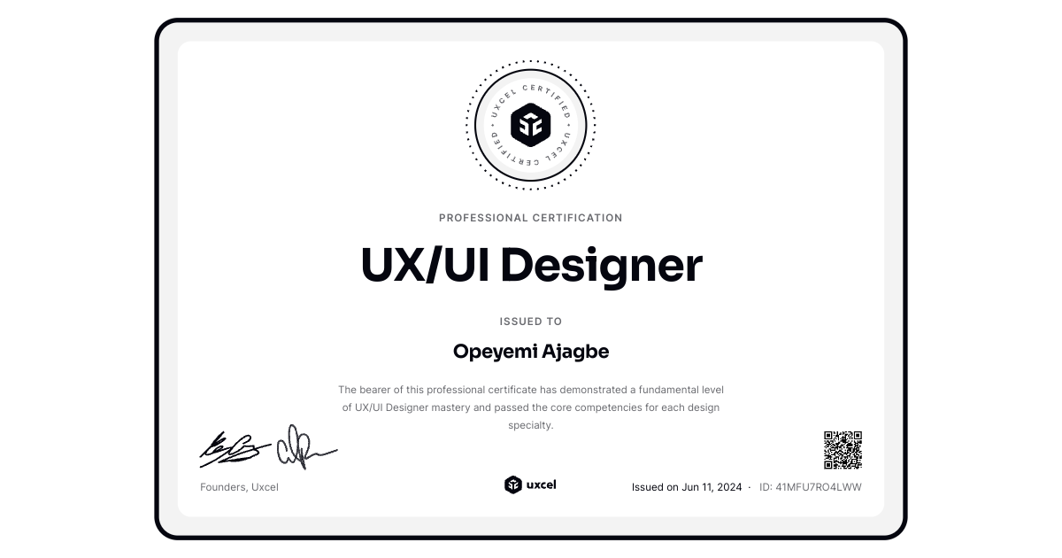 Certificate of completion for UX/UI Designer | Uxcel