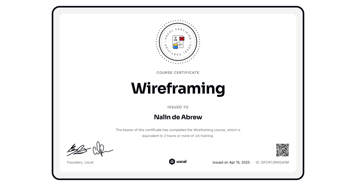 Certificate of completion for Wireframing | Uxcel